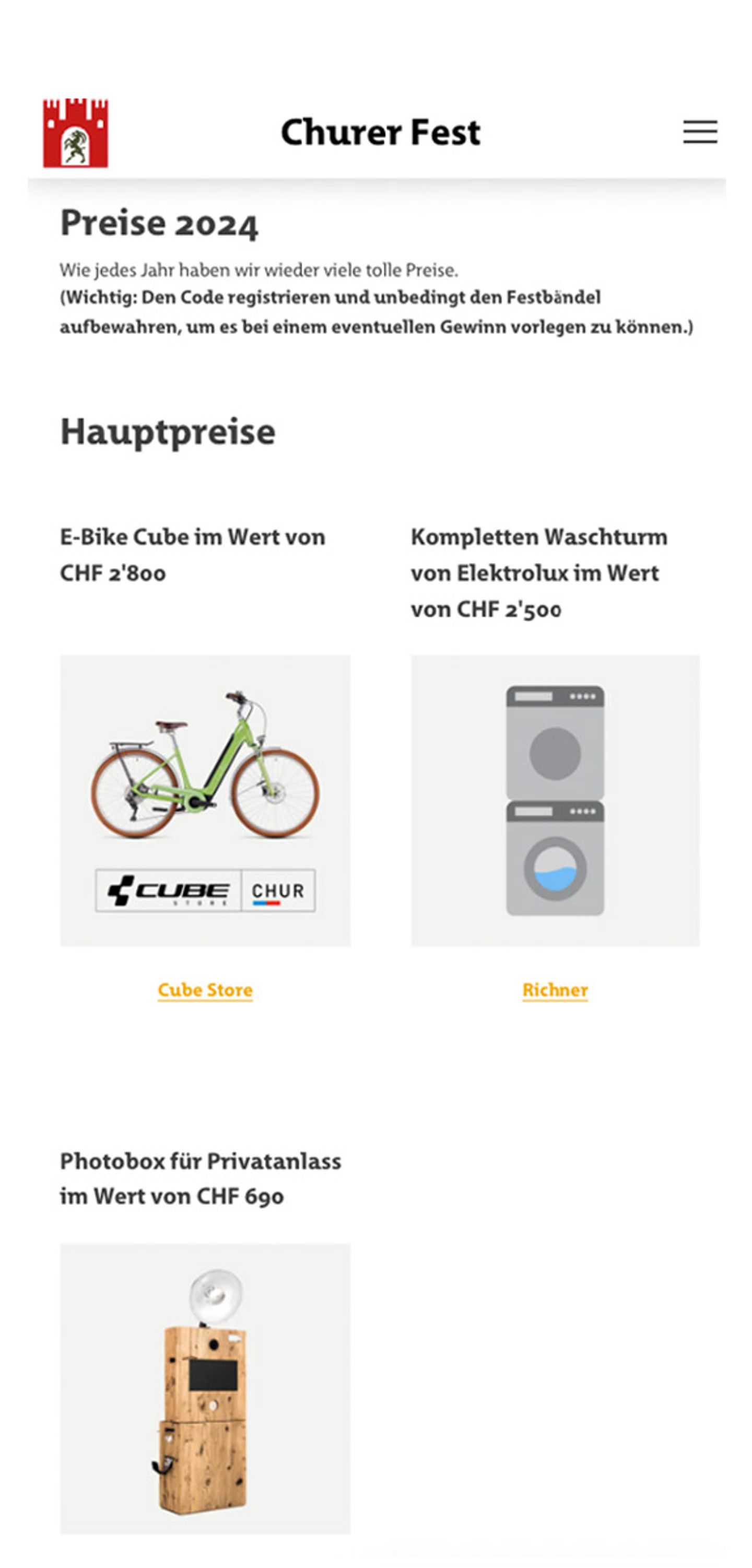 Churerfest Website - Preisliste auf Mobile